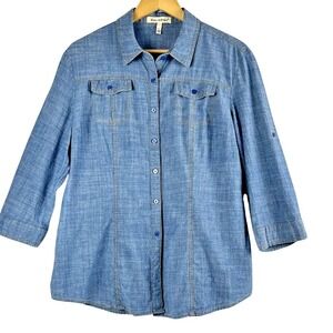 Hester & Orchard Chambray Denim‎ 3/4 Sleeve Button Up Blue Jean Shirt Women's L